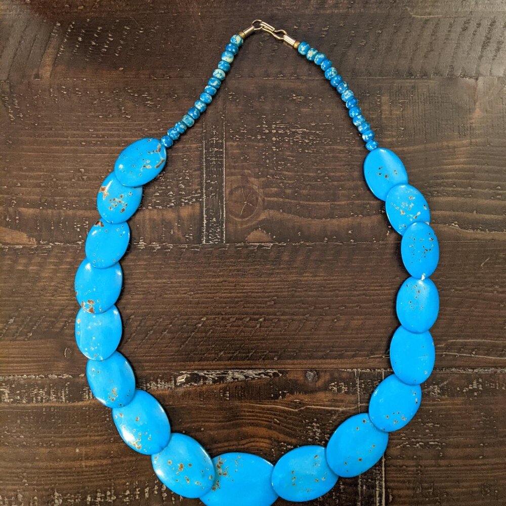 Vintage Turquoise Blue Faux Stone Beaded Necklace Southern Boho Chic Chunky